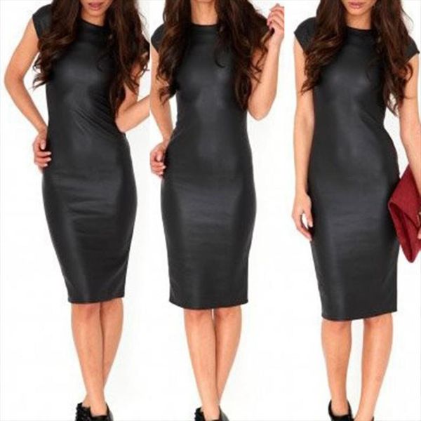 

fashion faux leather women dress solid color bodycon o neck elasticity slim fit short sleeve midi, Black;gray