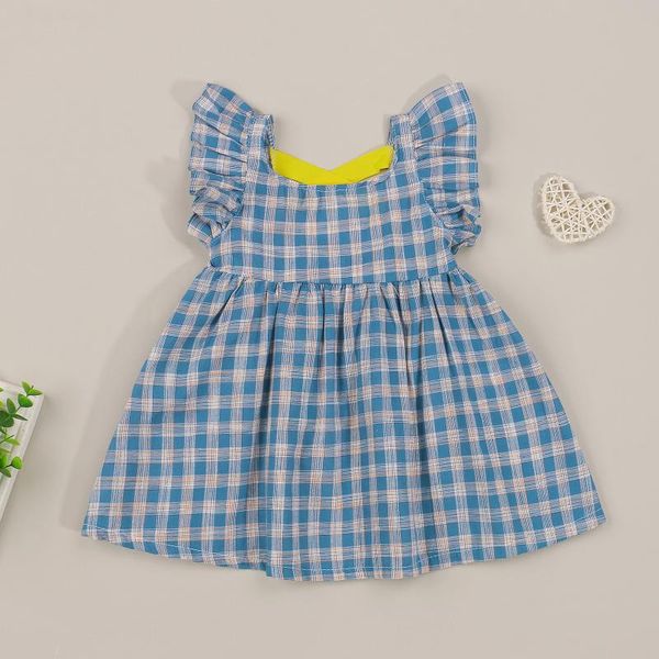 

girl's dresses 2021 infant summer a-line dress, baby girls plaid sleeve u-shaped neck cross cutout ,family gathering, Red;yellow