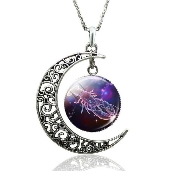 

classic 12 constellation necklaces glass moon pendant clavicle chain necklace birthday gifts for women, Silver