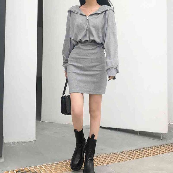 

design sense hooded sweater waist pack hip skirt women's 2020 autumn thin show high casual dress, Black;gray
