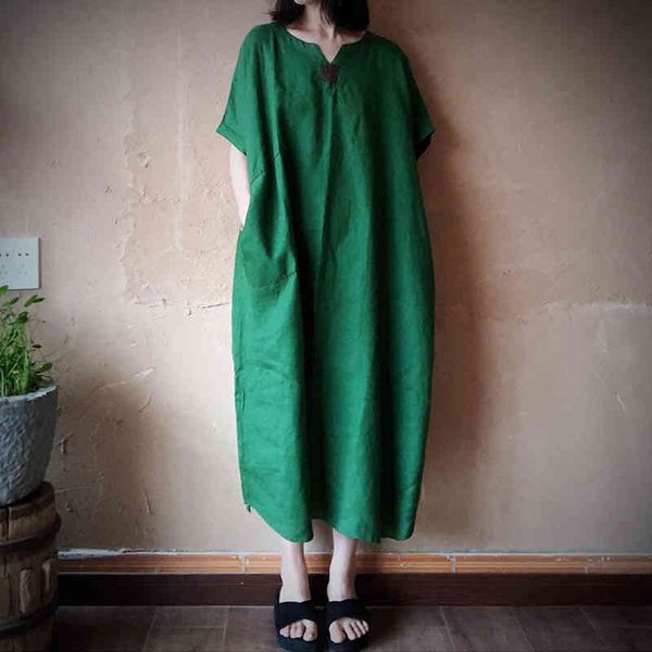 

johnature summer batwing short sleeve retro dress embroidery vintage v-neck linen plus size women loose casual dress 210521, Black;gray