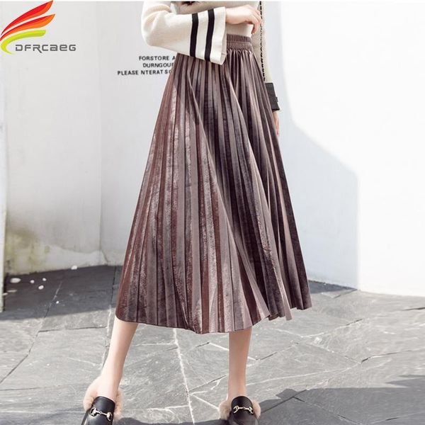 

skirts casual pleated womens 2021 autumn winter clothes gold velour elastic high waist a line skirt women korean faldas mujer, Black