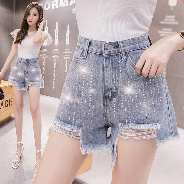 

women's jeans high waist -dip denim shorts 2021 summer korean version thin and frayed a-line wide leg pants, Blue