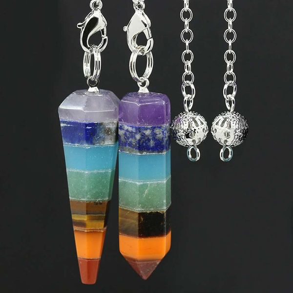 

7 layers rainbow pillar divination crystal dowsing point yoga pendant pendulums pendants amulet wicca pendulo meditation for men women, Silver