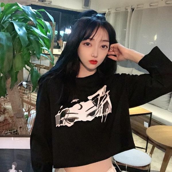 

women's t-shirt korean clothes womens long sleeve t-shirts character streetwear style crop o-neck spring autumn ins harajuku tees ladie, White