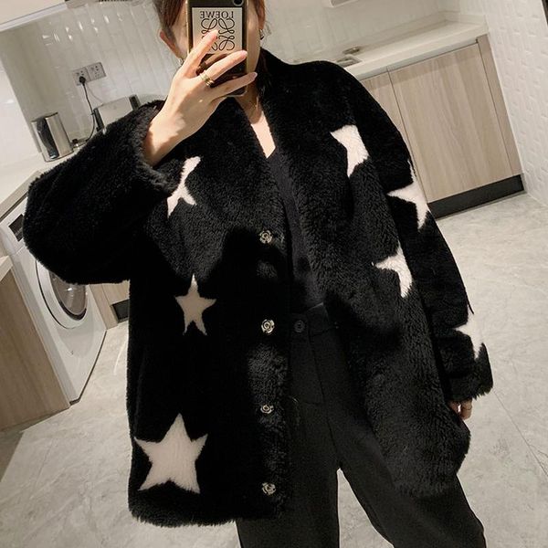 

women's fur & faux women winter clothes real coat sheep shearing jacket female print elegant ladies genuine wool plush outwear x741, Black
