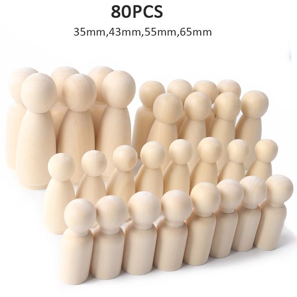 80 pcs 55mm 65mm em branco em branco Mini Peg Dolls Unpainted Decoração de madeira Figuras DIY Natural artesanato de madeira Família de madeira PEG Dolls 210318