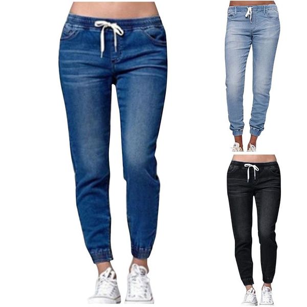 

women's jeans 2021 casual simple fashion women elastic drawstring long trouser dating streetwear for drop, Blue