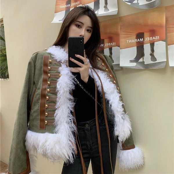 

women's fur & faux women winter warm causal army green leather jacket, Black