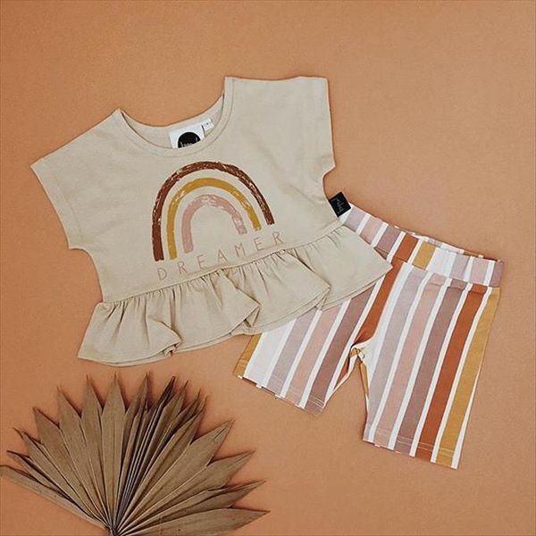 

1 4y fashion toddler kids girls summer clothes rainbow print ruffles short sleeve t shorts striped pants casual outfits, White