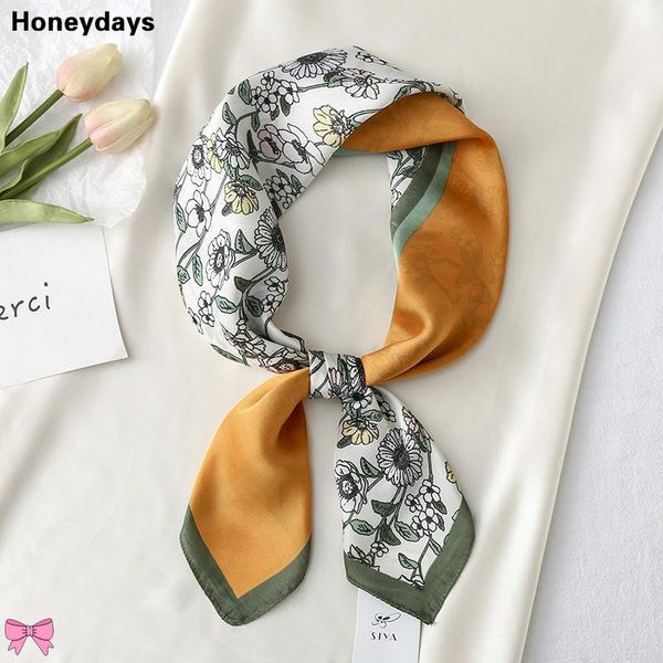 

scarves cotton flowers print small square scarf women tied bag silk handkerchief muslim hijab office scarfs, Blue;gray
