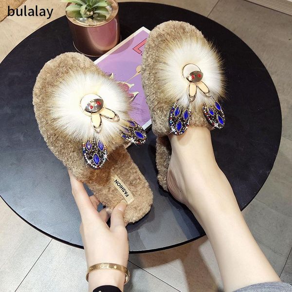 

furry half slippers for ladies outer wear flat bottom lazy drag rhinestone fashion cute comfortable cotton, Black