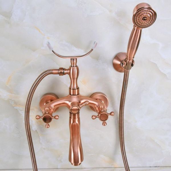 

antique red copper brass double cross handles wall mounted bathroom clawfoot bathtub tub faucet mixer tap w/hand shower ana369 sets