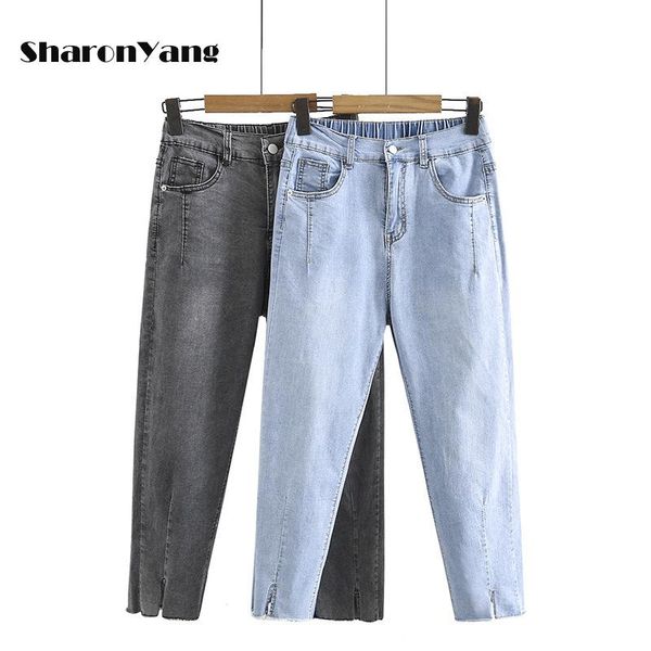 

women's jeans summer 2021 fashion women mom high waist pockets zipper female pants cotton elastic denim plus size harem, Blue