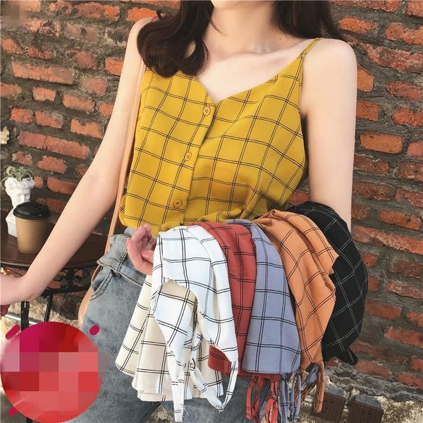 

women's tanks & camis fashion plaid chiffon basic camisoles for women halter summer casual sleeveless v-neck female strap vest button, White