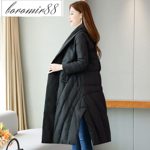 

medium length down jacket women's winter white duck with v-neck loose solid color cloak skirt, Black