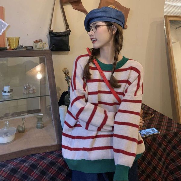 

striped sweater loose wind top, White;black