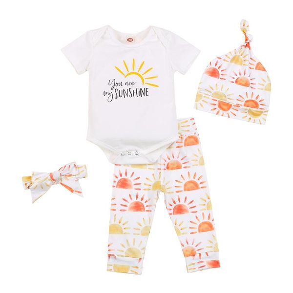 

clothing sets 3-18 months baby 4pcs spring outfits, short sleeve cartoon print round-neck romper + pants hat headband set, White