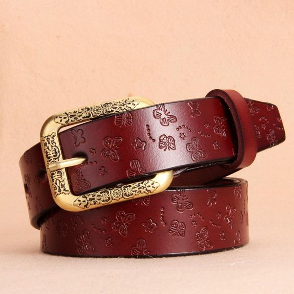 

belts women's embossed antique pin buckle leather belt lady retro yellow cowhide, Black;brown