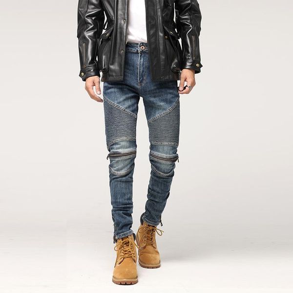 

men's jeans american street fashion men retro blue slim fit elastic spliced biker zipper designer hip hop denim punk pants