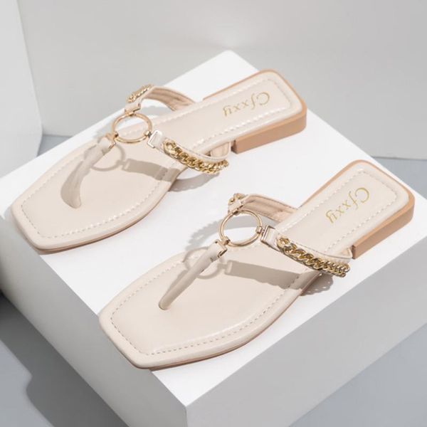 

slippers summer women's fashion metal chain round buckle ladies sandals square toe flat flip flops female beach shoes hh46, Black