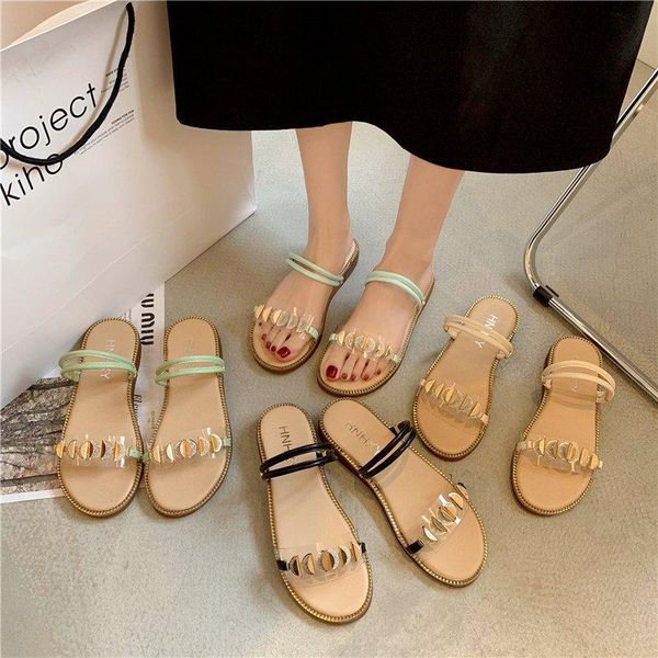 

fairy style summer 2021 women's sandals and slippers sequins korean fashion wild casual flat bottom non-slip word f, Black