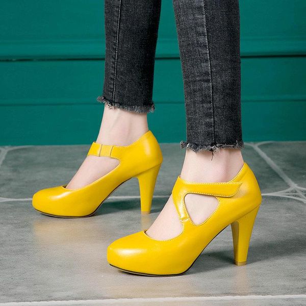 

flat shoes girls heels women fashion mary janes pu leather high heel pumps buckle yellow party wedding ladies, Black;grey