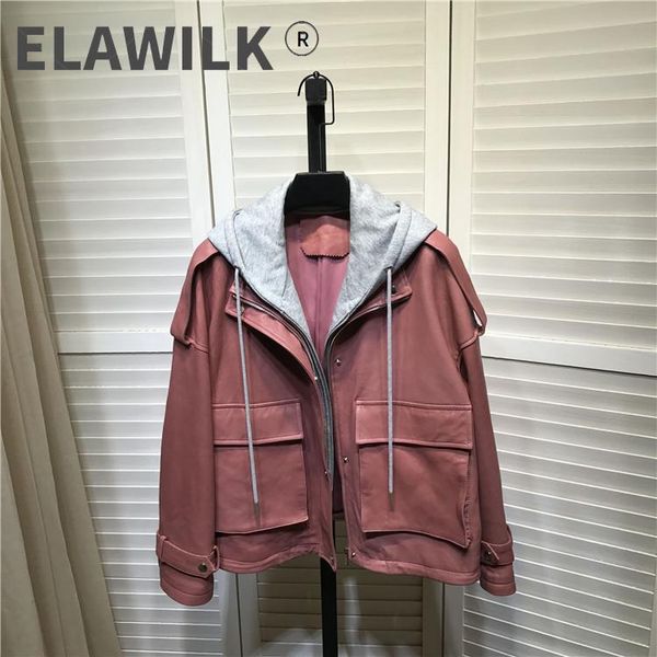 

women's leather & faux 2021 spring autumn fashion hooded pink color genuine jackets brand loose coat b637a, Black