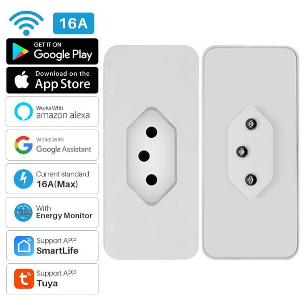 

smart power plugs 16a plug brazil wifi tuya intelligent monitor socket timing smartlife app remote compatible with alexa google home