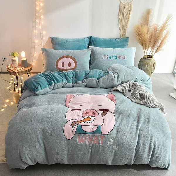 

bedding sets cartoon pig alpaca elephant embroidery velvet child set berber fleece duvet cover bed linen sheet fitted pillowcases