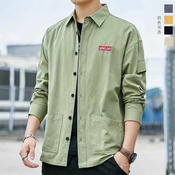 

men's 2020 spring and autumn new loose cotton trend tooling men's long sleeve shirt, White;black