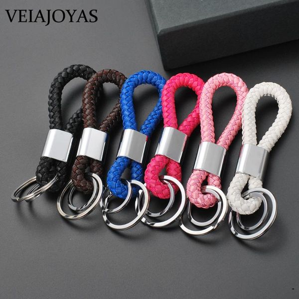 

keychains 6pcs/lot braided leather rope handmade waven alloy pendant keychain double rings car key ring holder promotions, Silver