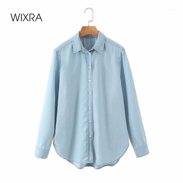 

women's blouses & shirts wixra classic denim blouse turn-down collar tencel long sleeve casual lady basic clothes blusas, White