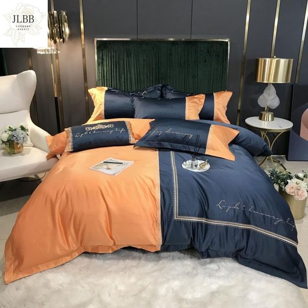 

bedding sets light luxury blue orange splicing embroidery silk cotton set double duvet cover bed linen pillowcases home textile