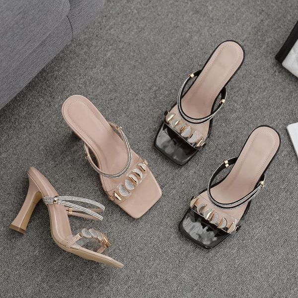 

fashion mules slides 9cm high heels women luxury crystal slippers stripper stiletto summer sandals lady bling shoes big size 42, Black