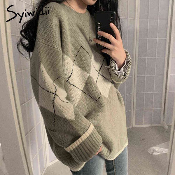 

syiwidii woman argyle sweaters autumn winter pullovers long sleeve o-neck loose knitted korean casual vintage jumper 211217, White;black