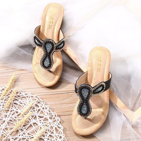 

slippers outside bohemia pearl crystal clip toe wedges women flipflops shoes woman sandals beads metal rivets slip on slides2021, Black
