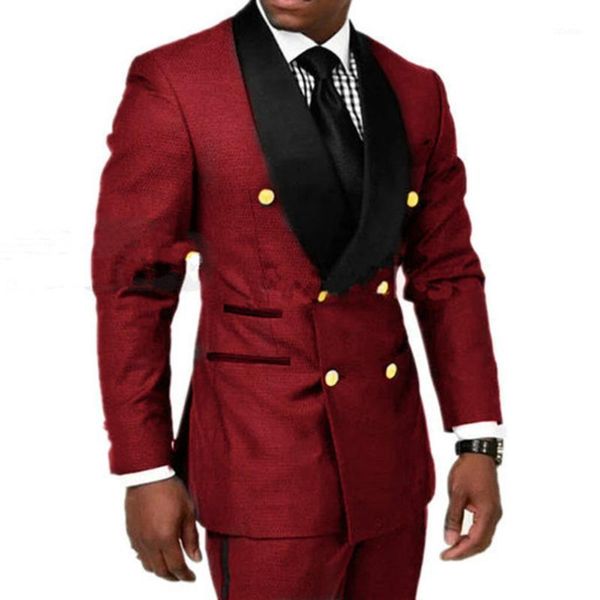 

men's suits & blazers custom stylish double breasted burgundy men slim fit plus size groom wedding suit set gold buttons jacket pants 2, White;black