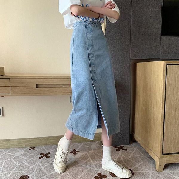 

high waist a- line skirt summer 2021 pin retro split blue denim women's mid-length hip skirts, Black