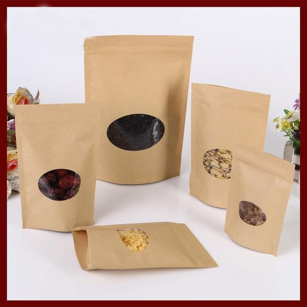

gift wrap 17*24+4 50pcs brown self kraft paper bags with window for gifts sweets and candy food tea jewelry retail package
