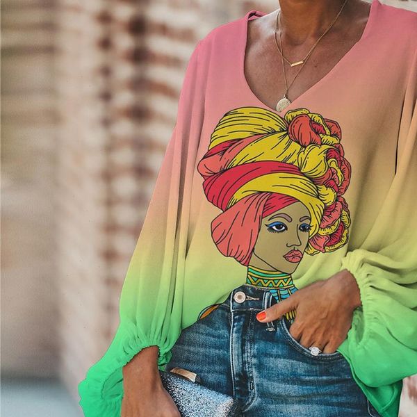 

forudesigns womens shirt women chiffon vintage blouse african style with gradient color printing v neck loose soft lady casual clothing, White