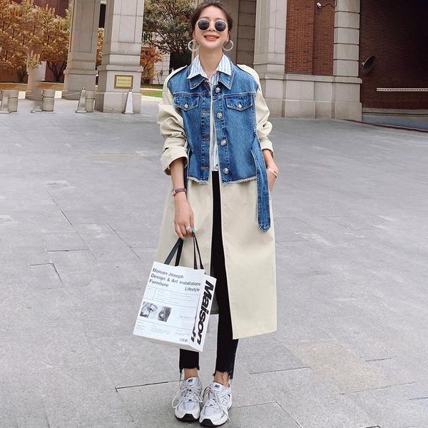 

women's trench coats coat spring autumn denim stitching design sense ladies cloak loose windbreaker personality jacket, Tan;black