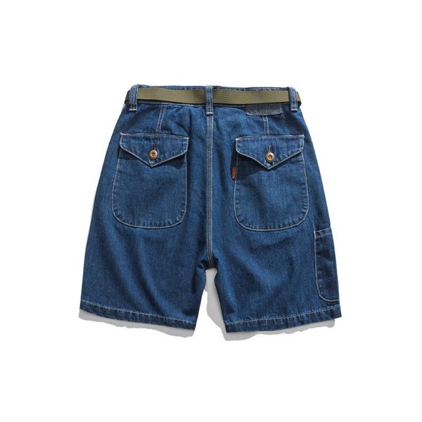

men's jeans vintage denim shorts with belt mens summer solid color half pants amekaji casual loose walking men short, Blue