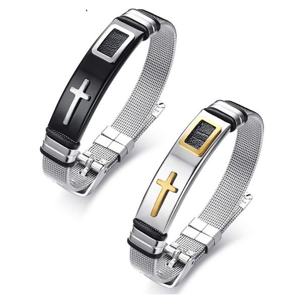 

charm bracelets 2021 fashion 2pcs bangle men's slide mesh bracelet cross wristands stainless steel male bileklik pulseira, Golden;silver