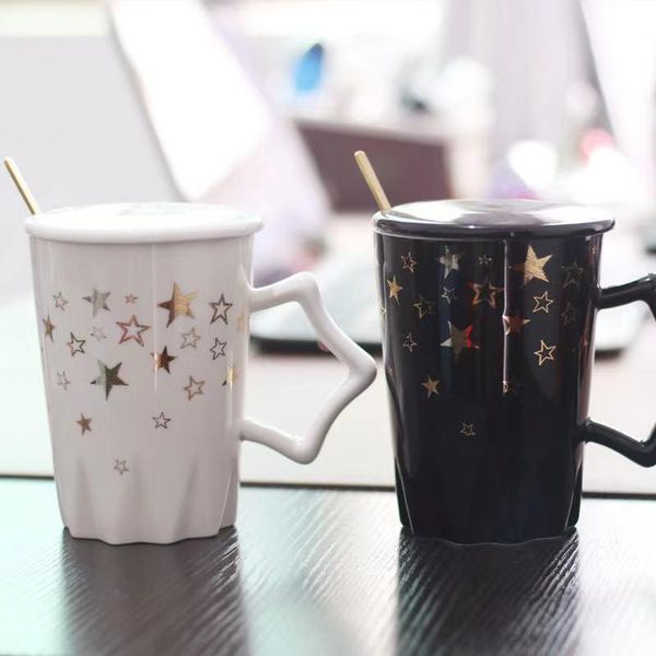 

creative trendy black and white couple mug with lid spoon pentagram fashion ceramic wine glasses