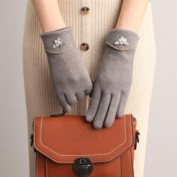 

sports gloves fashion lady glove women vintage winter full finger touch screen windproof plus velvet warm driving female mittens g046, Black