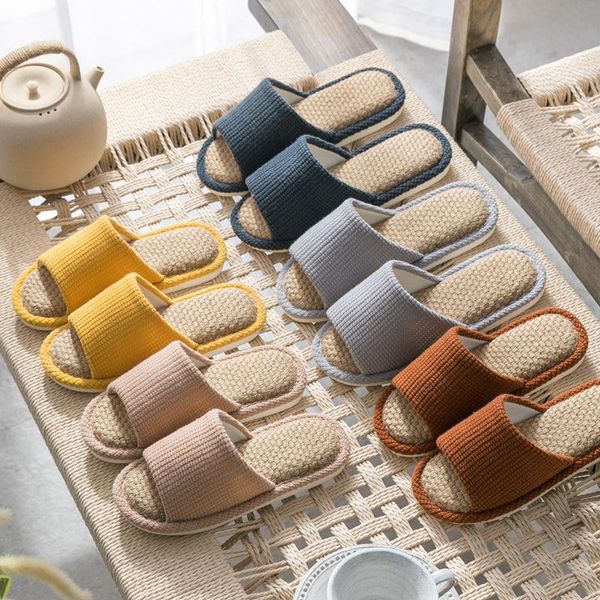 

female home flax slippers couple open toe indoor floor linen slides non-slip flip flops comfortable women's house shoes, Black