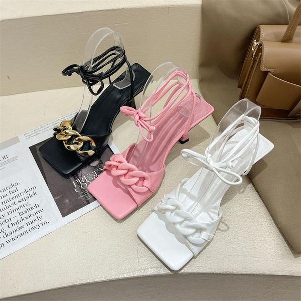 

sandals fashion women chain square high heel lace up gladiator shoes narrow band cross strap sandal zapatos mujer, Black