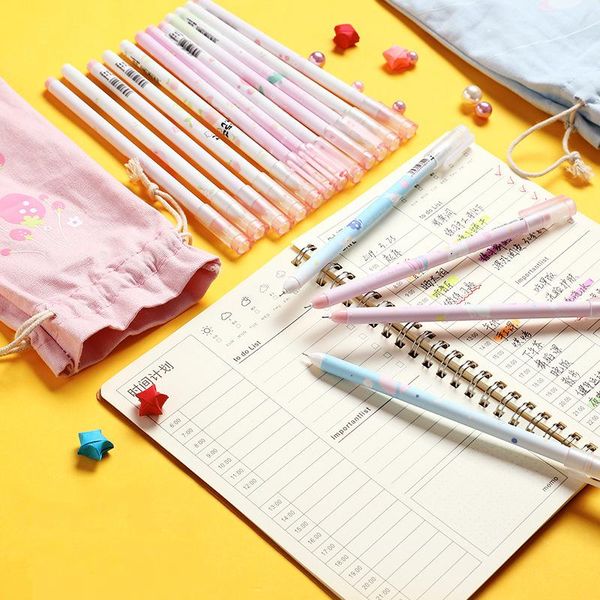 

12pcs cute cartoon pens in hop pocket planet pink strawberry sack 0.5mm ballpoint black color gel ink office school f229