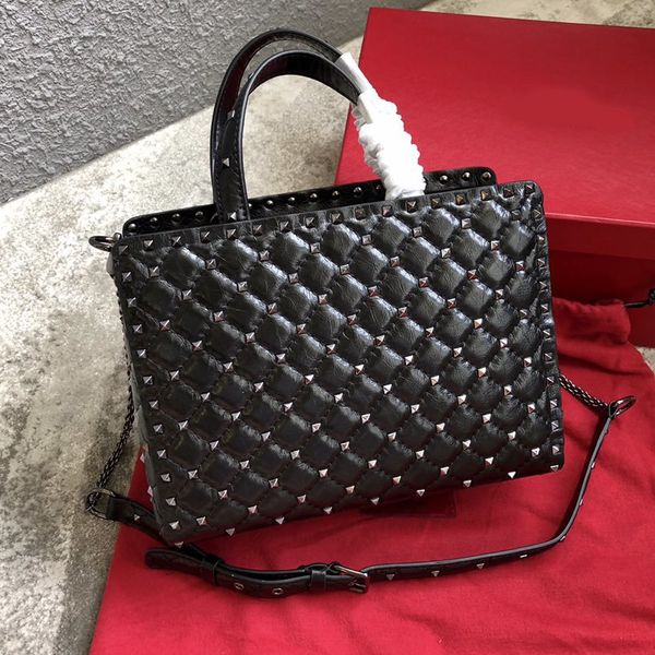 

shopping tote handbag genuine leather women personality slung chain rivet shoulder bag, Red;black